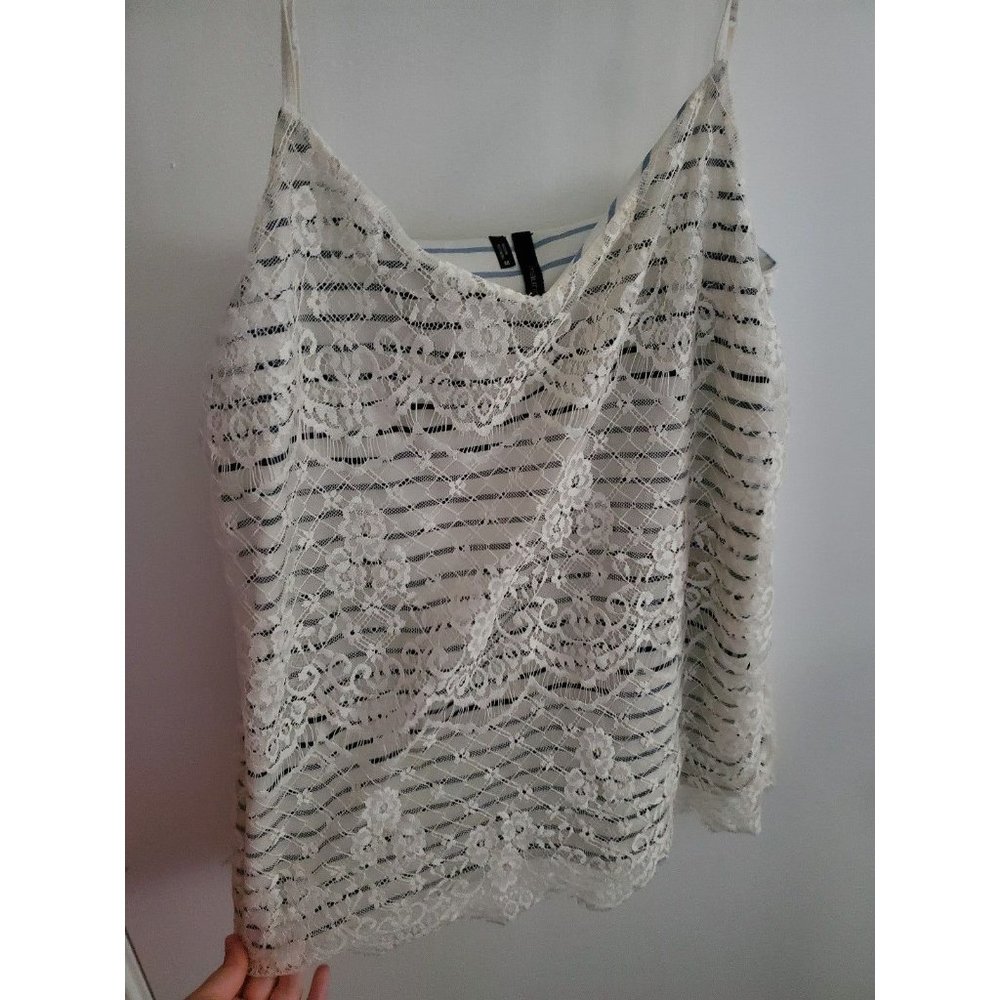 Maurices Medium Off White Navy Striped Lace Tank Top